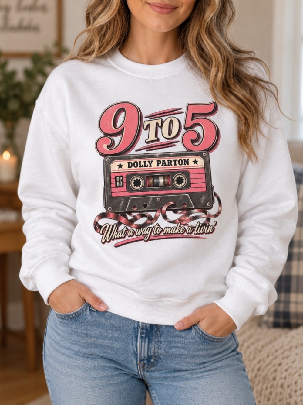 Dolly Parton 9 To 5 Cassette Tape Graphic Sweatshirt Gildan White